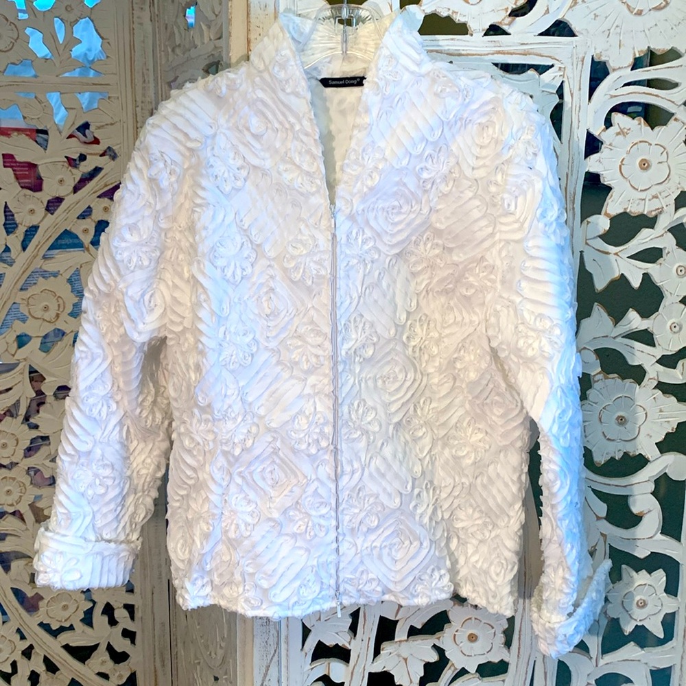 Stunning Samuel Dong 3D ribbon and floral appliqué zip-front jacket-Large